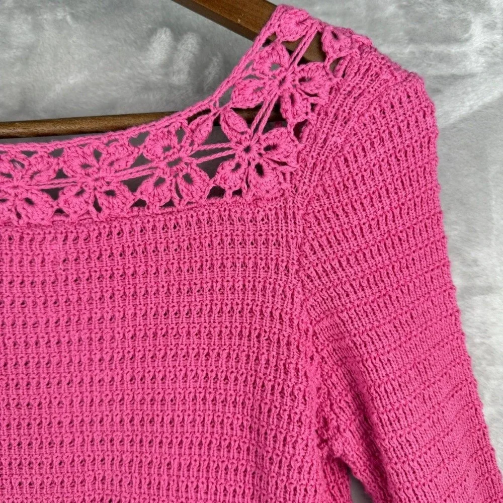 Wimsigoth Pink Crochet Square Neck Long Sleeve Sweater Top Women's Small‎